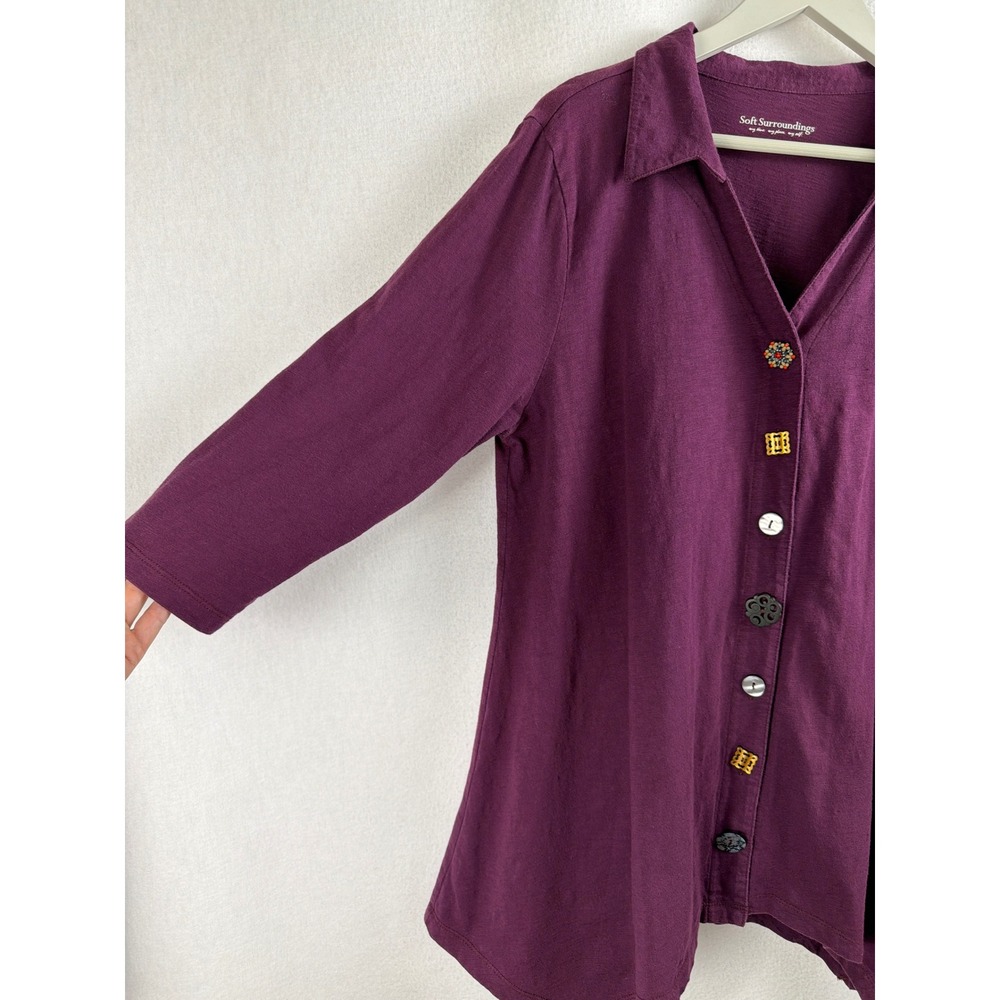 Soft Surroundings Danielle Button 3/4 Sleeve Tunic Plum Purple Sharkbite Sz L - Picture 3 of 8